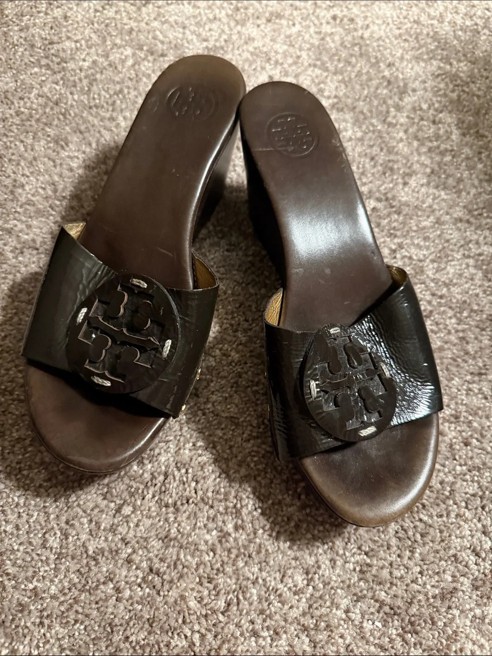 Tory Burch Dark Brown Patent Leather Logo Slide Mules